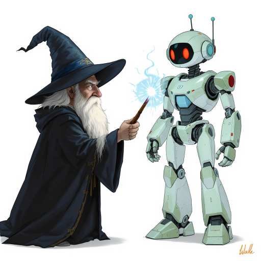 a wizard materializing a robot using magic